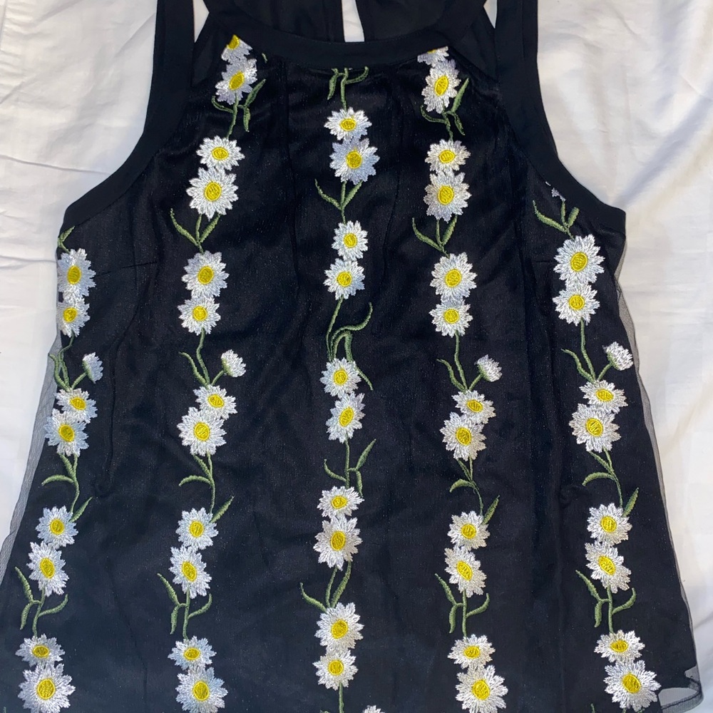 Candie's Black Mesh Tank Top with White & Yellow Daisy Embroidery